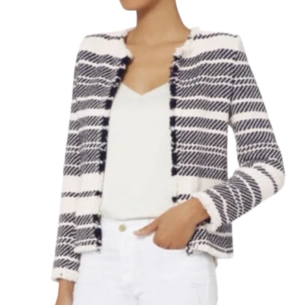 IRO Zlata Tweed Open Front Jacket Black & Cream Striped Frayed Trim EU 40 US 8